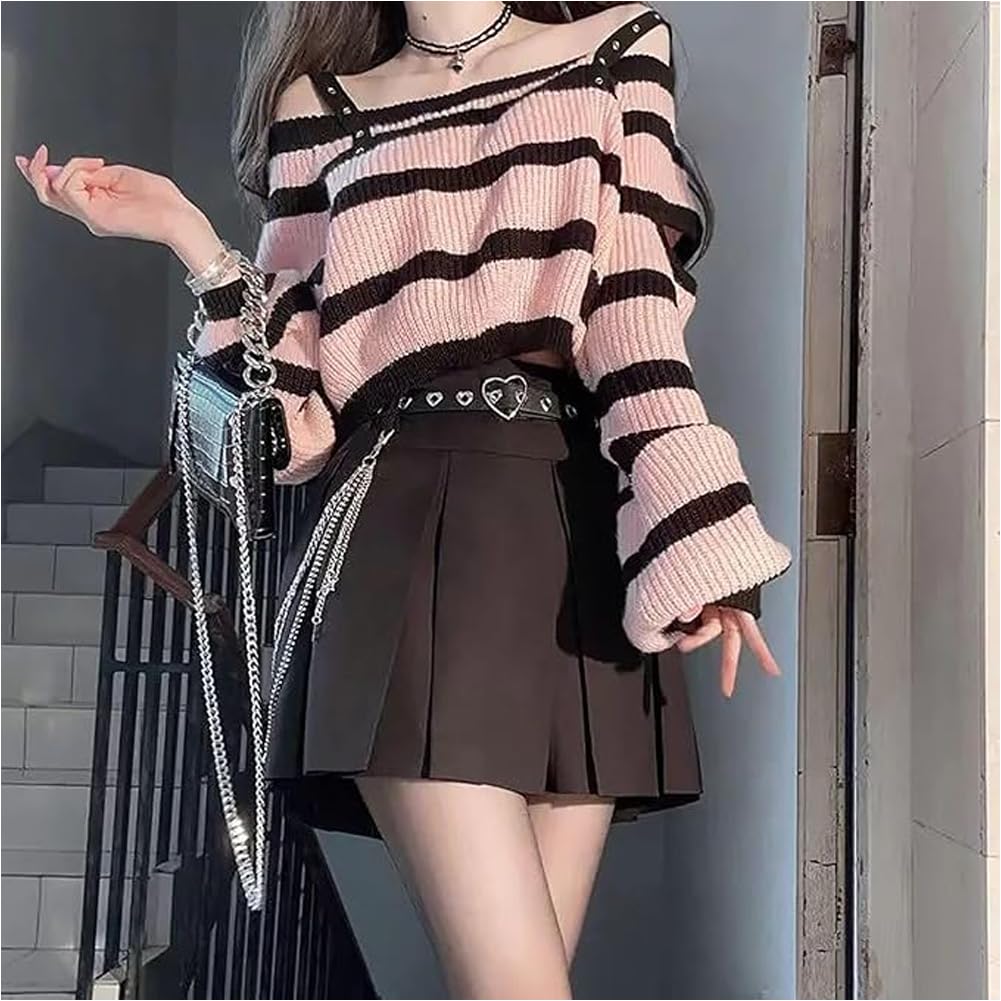 [SDSXZWG] "Jirai-kei" (Landmine-style) Knit Sweater 2-Piece Set for Women: Off-Shoulder Striped Long-Sleeve Top and Solid Color Pleated Skirt (No Belt