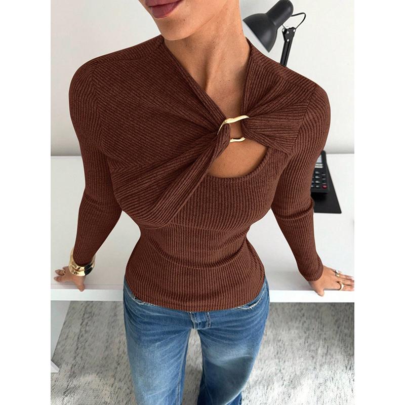 Hollow Metal Buttons Long-sleeved T-shirt Female Solid Slim Pullover Bottoming Shirt Fashion Spring Female T Shirts