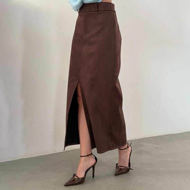 Suede Skirt Women 2026 Spring Faux Suede Leather Regular Fit Pencil Skirts Retro High Waist Commuting Vintage Long Skirt Femme