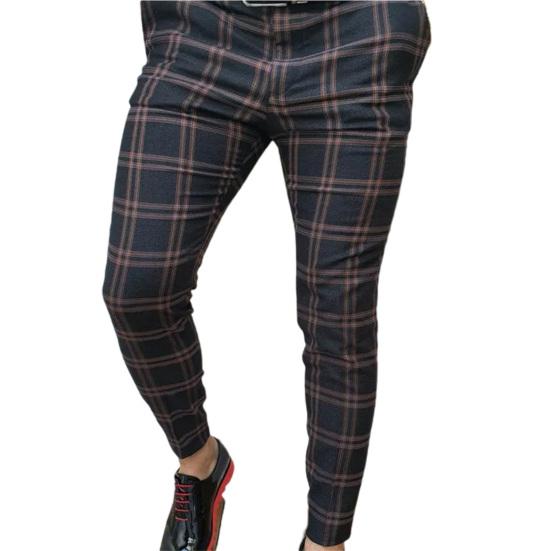 Men Pants Plaid Slim Spring Autumn Mid-rise Checkered Pattern Pencil Pants for Daily Wear