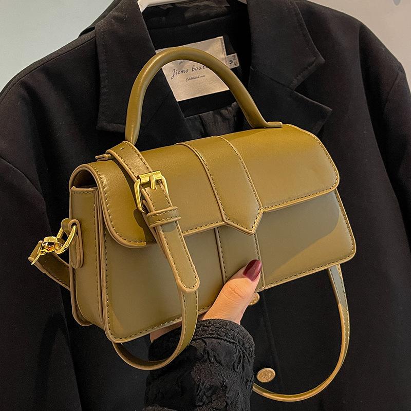 Olive Green PU Leather Patchwork Handbag For Women Flip Cover Crossbody Bag With Top Handle Casual Daily Shoulder Bag