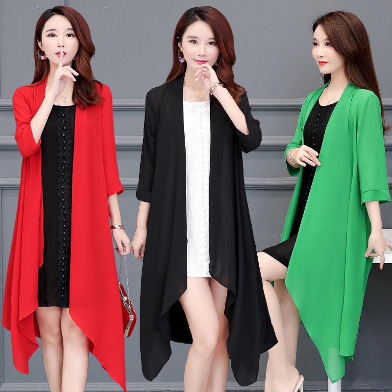 Women's Plus Size Chiffon Cardigan Trench Coat: Mid-Length, Versatile Spring/Summer Shawl for Middle-Aged & Elderly with Sun Protection.