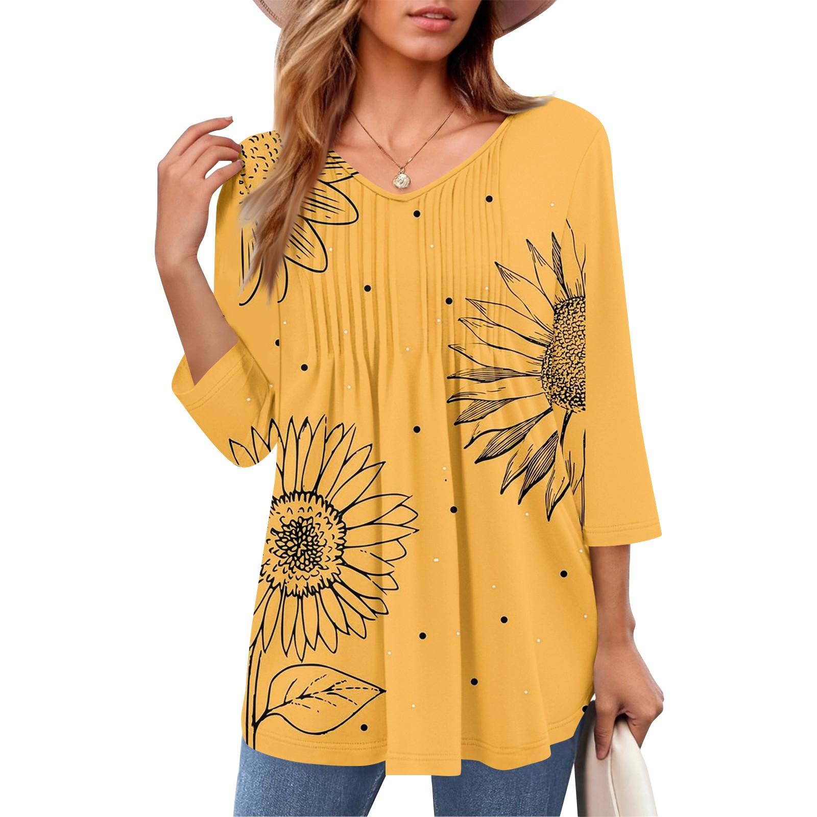 

Женские топы с V-образным вырезом и рукавом три четверти в полоску, плиссированные, повседневные, летние, модные, рубашки XL жёлтый