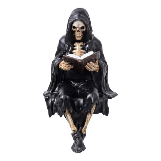 Yousheng Halloween Reading Book Skeleton Figurine, Spooky Reading Devil Resin Sculpture, Gothic Black Robe Grim Reaper Statue for Home B