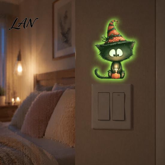 Halloween Atmosphere Room Decor Glow in The Dark Switch Outlet Stickers, Cute Black Cat Witch Theme Wall Decals Pumpkin Skull Decals, Waterproof