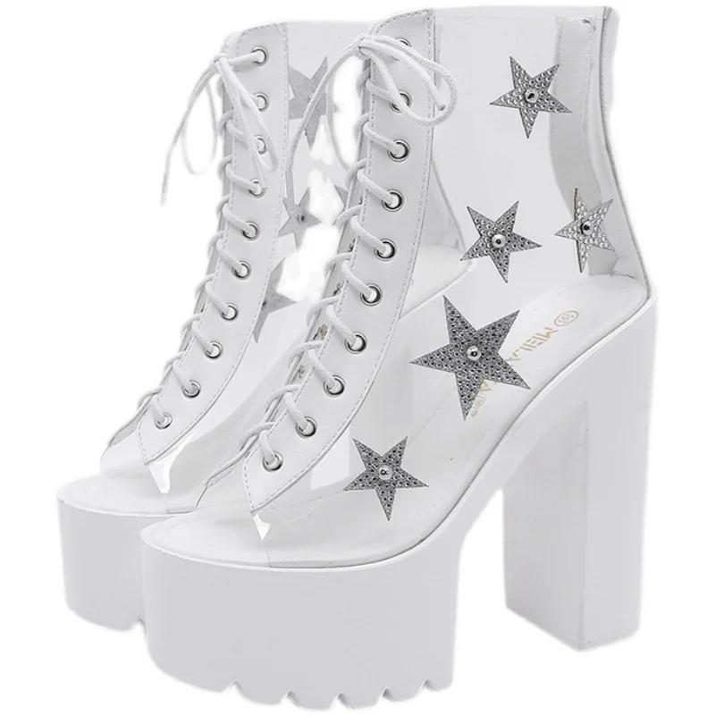 Fashion 14.5CM Women's Square Heels Boots High Transparent Female Thick Platform Waterproof Nightclub Catwalk Sandals