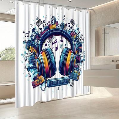Colorful Music Theme Shower Curtain - Headphones, Boombox & Vinyl Records with Notes, Perfect for Music Lovers' Bath Decor