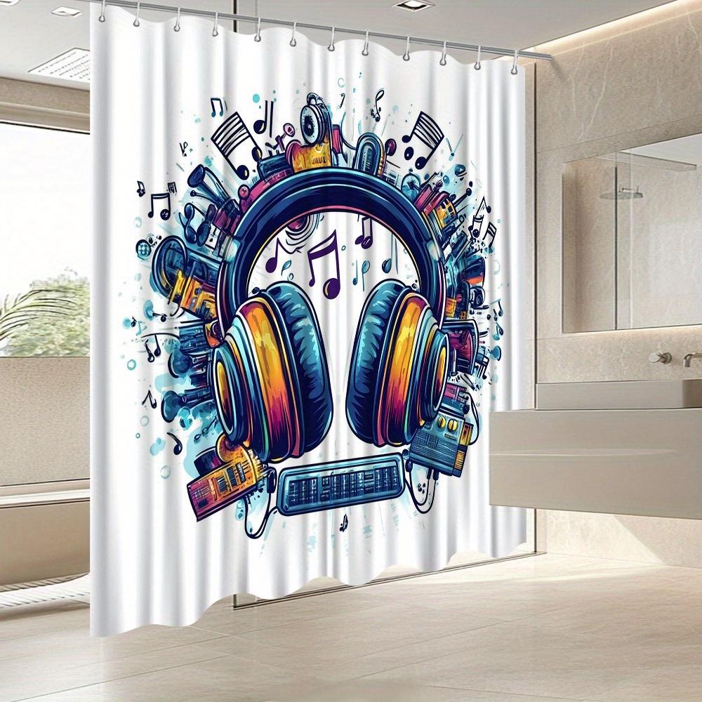 Colorful Music Theme Shower Curtain - Headphones, Boombox & Vinyl Records with Notes, Perfect for Music Lovers' Bath Decor