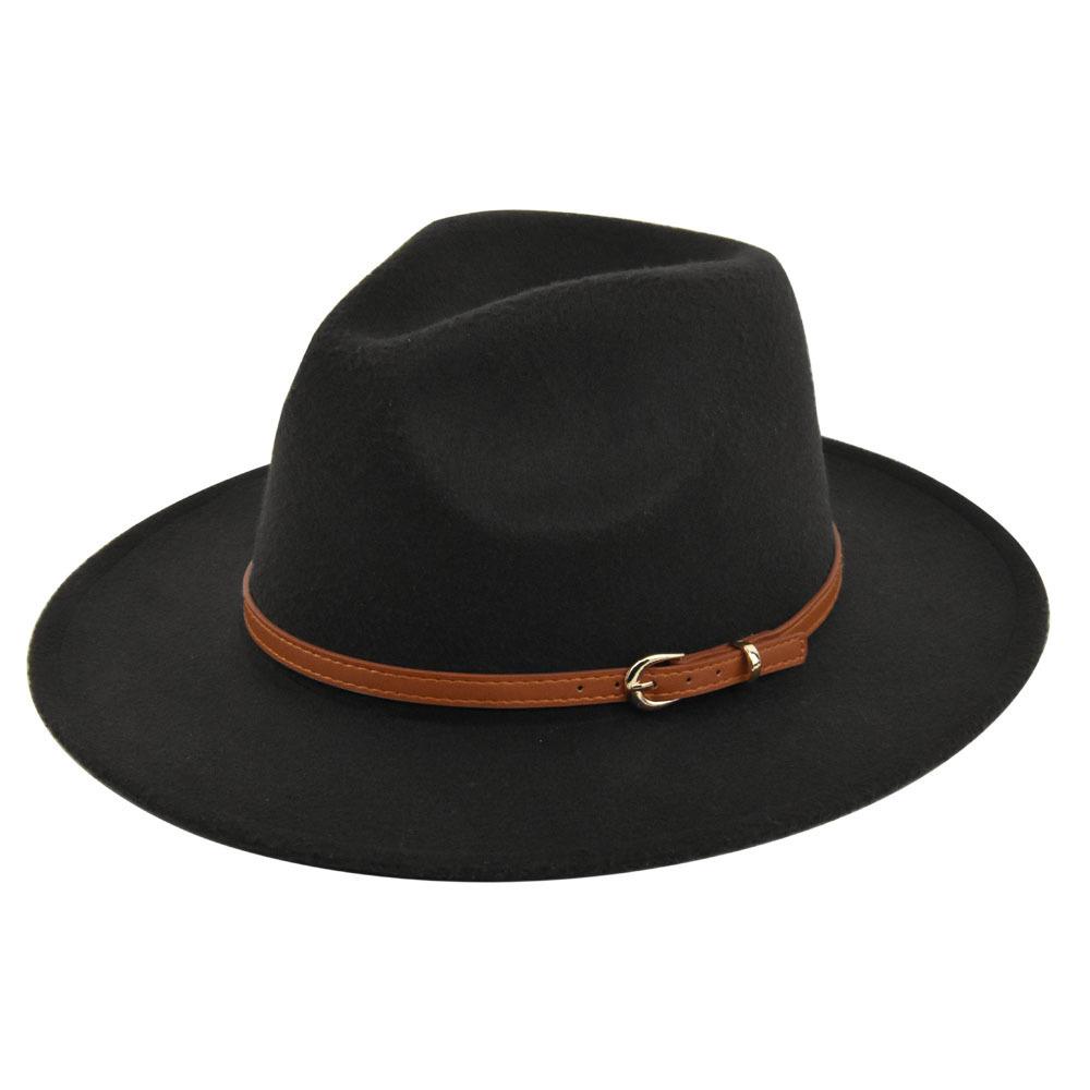 Retro jazz hat, dark khaki belt, woolen hat, cowboy ancient black woolen hat, flat brim hat