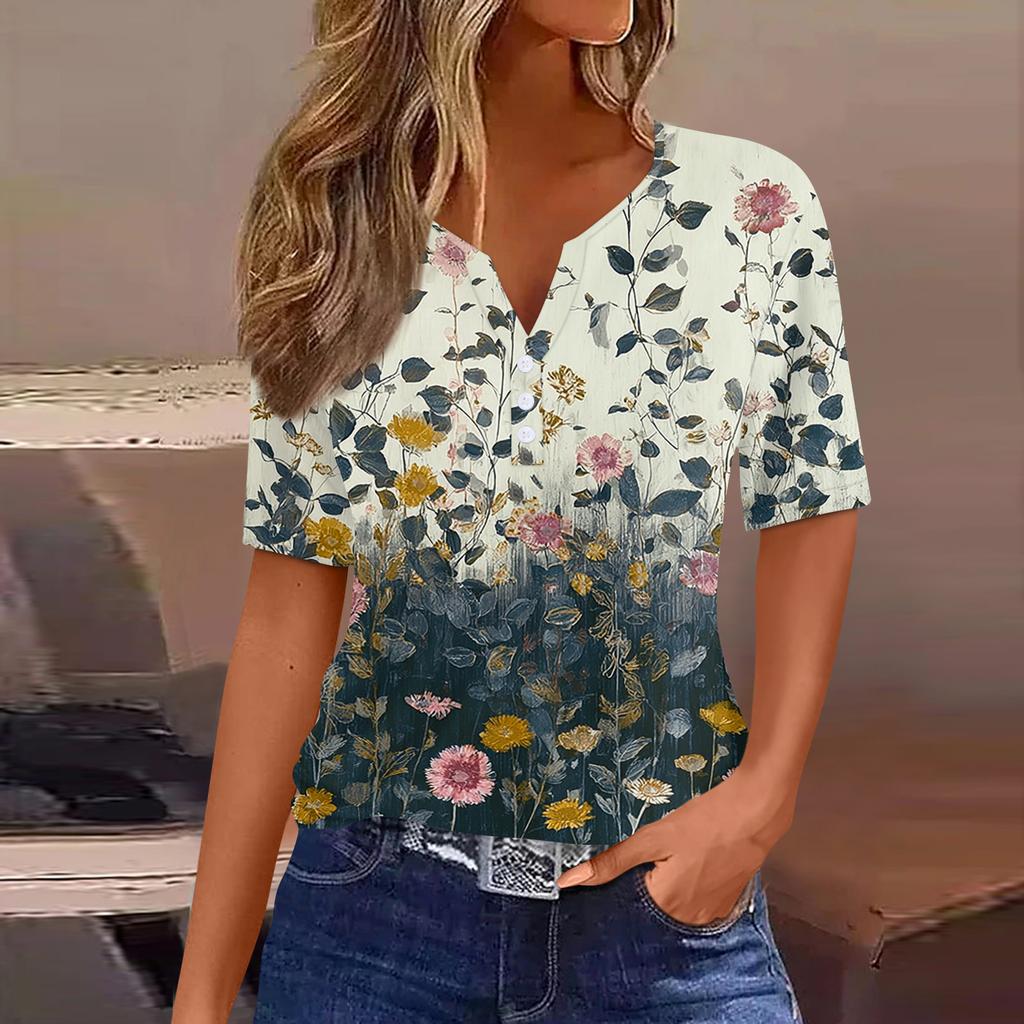 Women Fashion Casual Floral Print V Neck Short Sleeve T Shirt Top with Decorative Buttons Relaxed Fit Blouse for Daily Wear