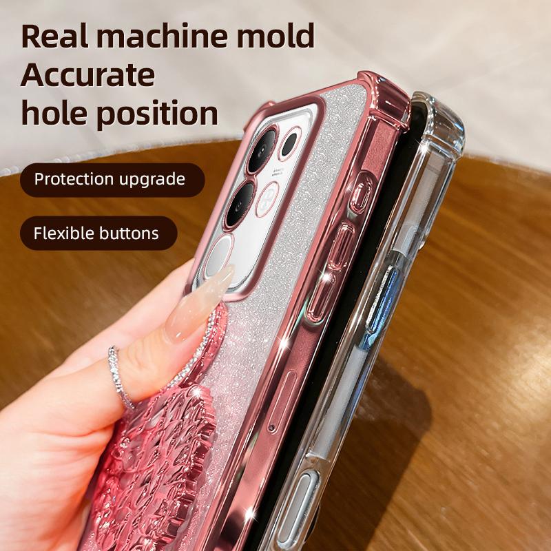 KEYSION Shockproof Plating Phone Case for VIVO Y29 4G Clear Soft TPU Glitter Jewelled Swan Kickstand Back Cover for IQOO Z10X 5G