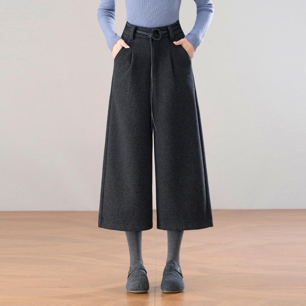 2025 Winter Grau Hochtaillierte Woll-Weitbeinige Cropped-Hose - Damen Petite Schmal Geschnitten Lässig