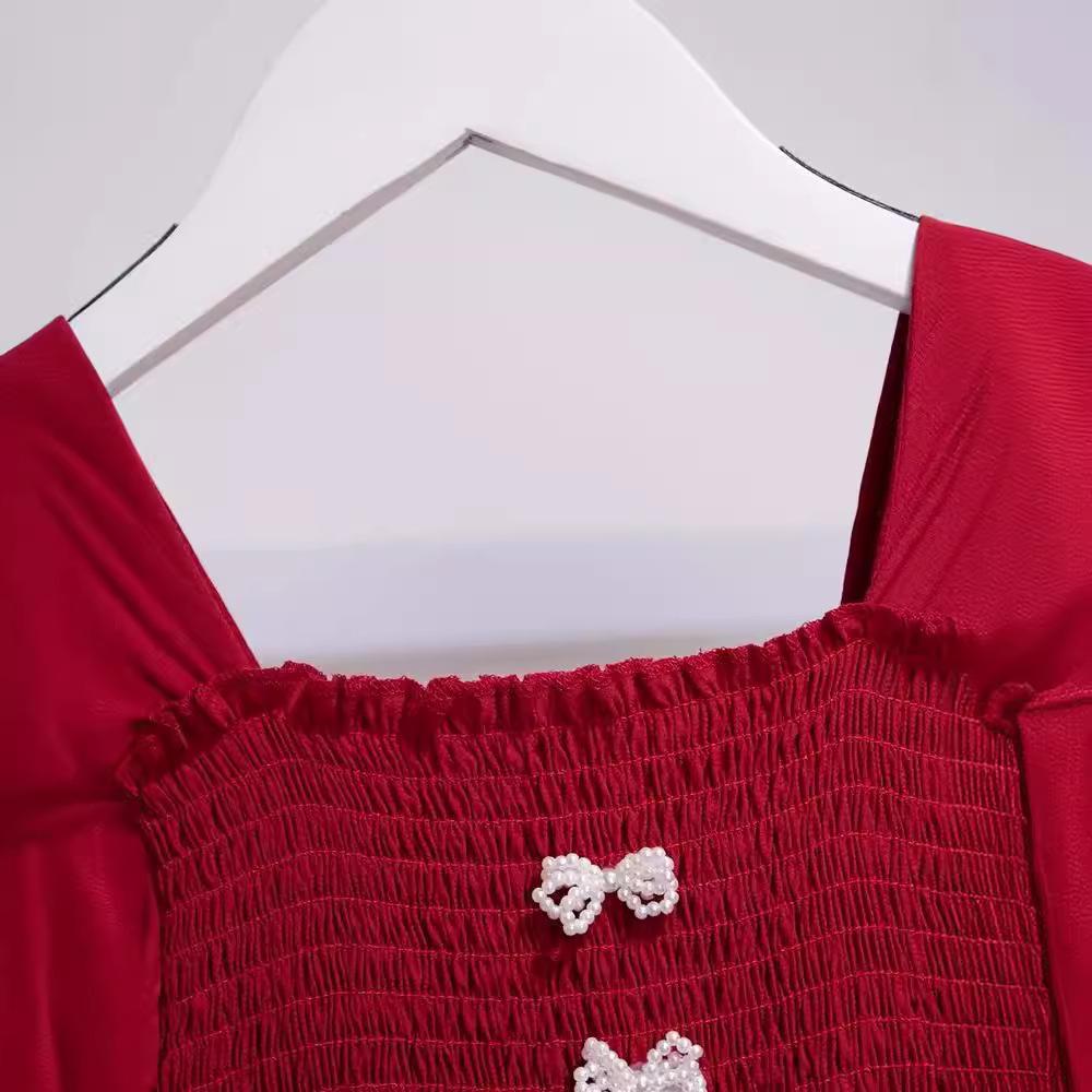 Summer Girls Tweed Dress Square Neck Puff Sleeve Children Princess Dress Fashionable Sweet Party Wear For Kids
