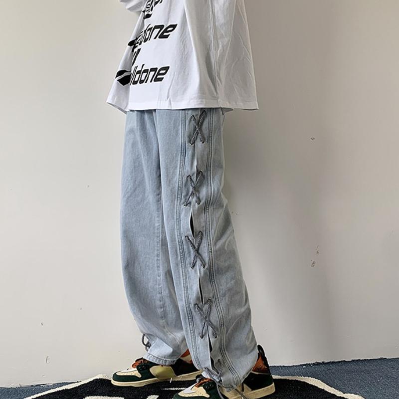 Cross Ribbon Jeans Men's Baggy Denim Pants Y2K Gothic Streetwear Korean Clothing Male Trousers