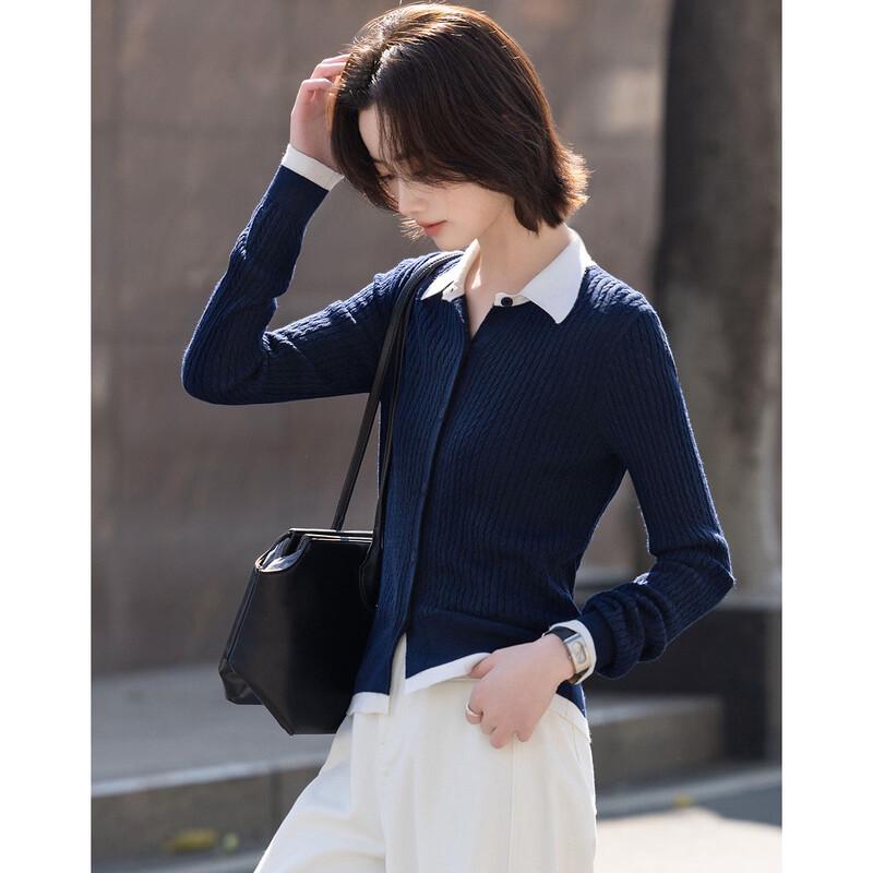 Women's Contrast Lapel Wool Blend Twist Knit Cardigan