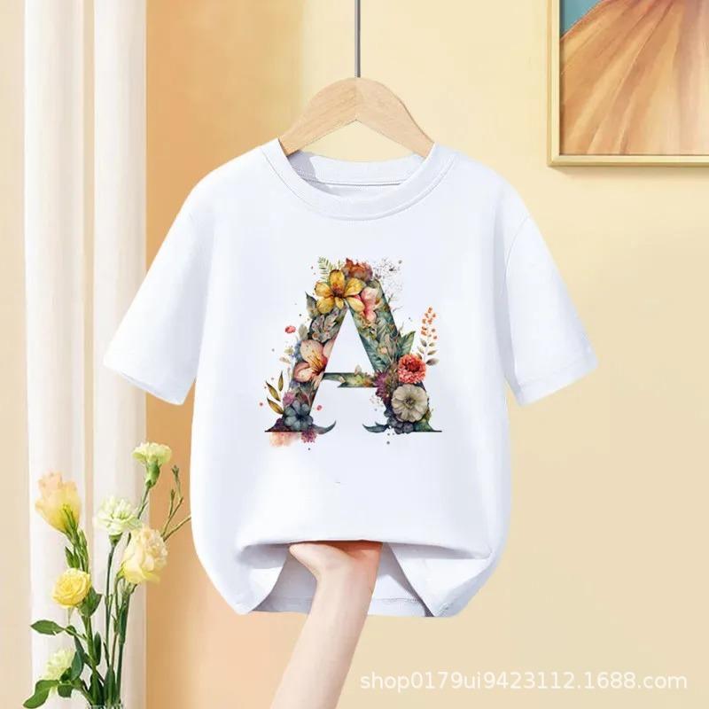 Floral AZ Kids Tshirt 26 Letters Cute ABCD Cartoon Short Sleeve Tee for Girls Summer Fashion Polyester Fabric