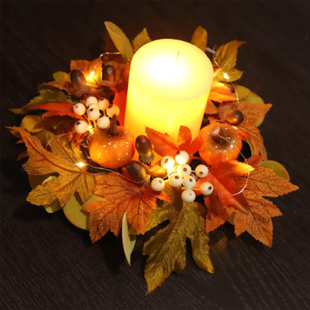 30cm Artificial Maple Leaves Candle Ring Candle Wreath Ring for Thanksgiving Centerpiece Table Decoration