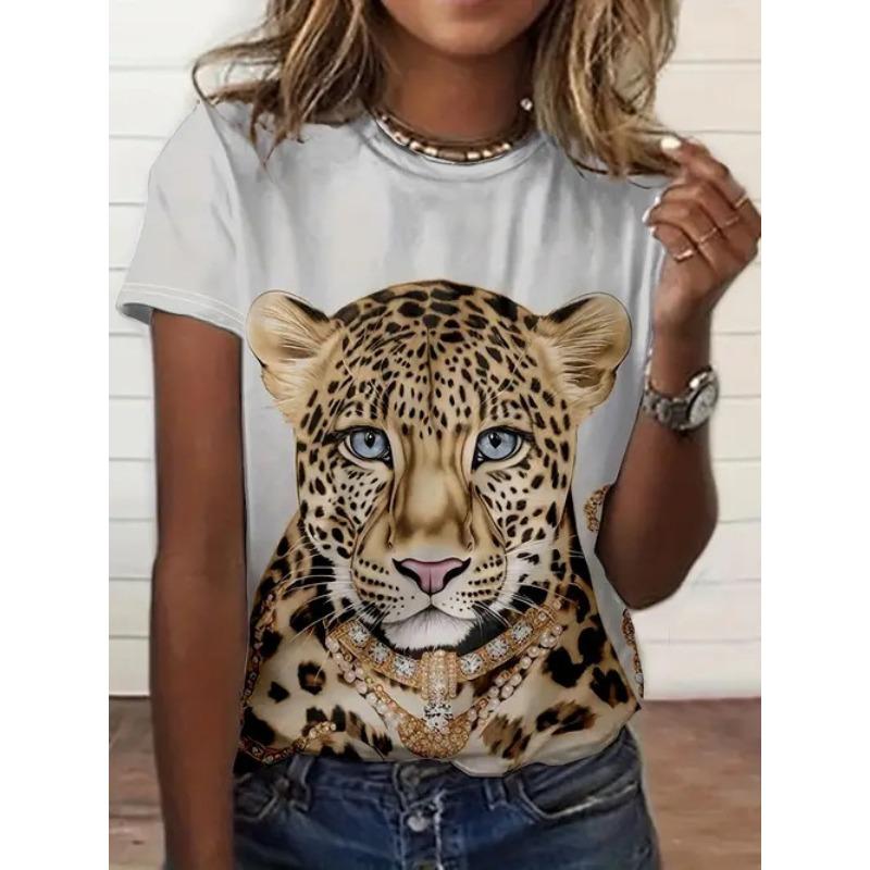 Summer Round Neck Short Sleeved Casual Versatile Top with Animal Print Women's T-shirts