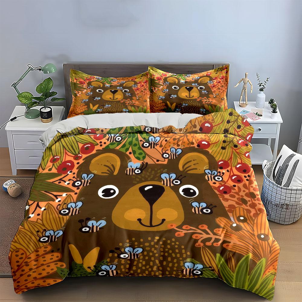 Bear and Bees Nature Themed Set Soft Skin-Friendly Bedding Set Includes 1 Duvet Cover And 2 Pillowcase Gift