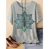 Women's Floral Mandala Print Short Sleeve T-Shirt Casual Round Neck Top with Teal Black Artwork Urban Style Printed T-Shirt