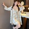 Spring and Summer Ladies Pajamas Printed Lily Ice Silk Pajamas Sexy Lace Suspender Loungewear