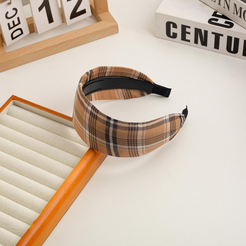 New Checkered Wide Fabric Headband Sweet Academic Vintage Hair Band Non-Slip Toothed Design Korean Retro Hair Accessories