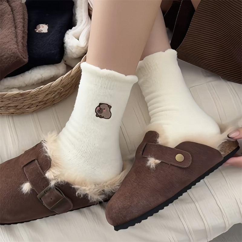 Female Autumn and Winter Thickened Warm Cartoon Embroidery Home Floor In The Tube Socks