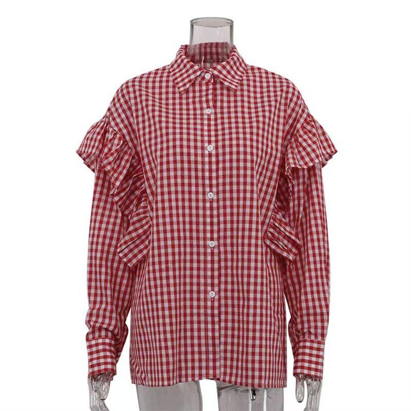 

European and American New Plaid Design Sense Frill Lapel Long sleeve Shirts Plaid Long Sleeved Shirt Red S