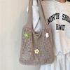 Women Knitted Tote Bag Crochet Shoulder Bag with Flower Decor Hollow Out Handbag Casual Beach Bag Outdoor Travel Bag