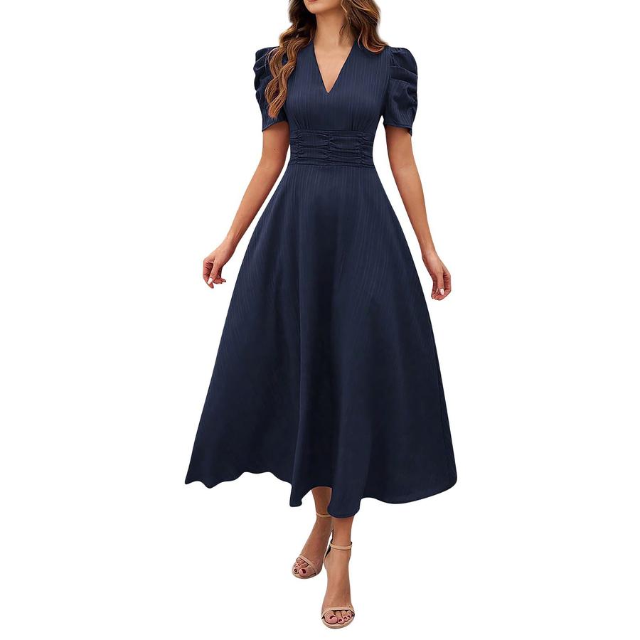 Summer Women's Fashion Chic High Waist Solid Short Sleeve Ruched Dress