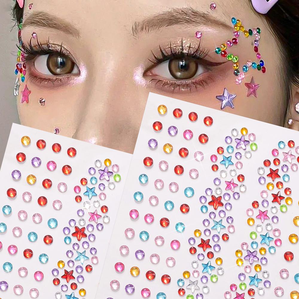 3D Colorful Star Flower Face Diamond Sticker Bling Rhinestone Self-Adhesive Fake Tattoo for Party Stage Makeup Gems Stickers