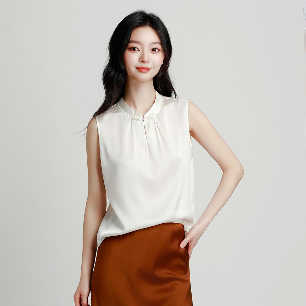 [New Chinese Style Pankou] New 92 Mulberry Silk Elegant Wrinkled Tank Top Women's Versatile Mulberry Silk Shirt T-shirt