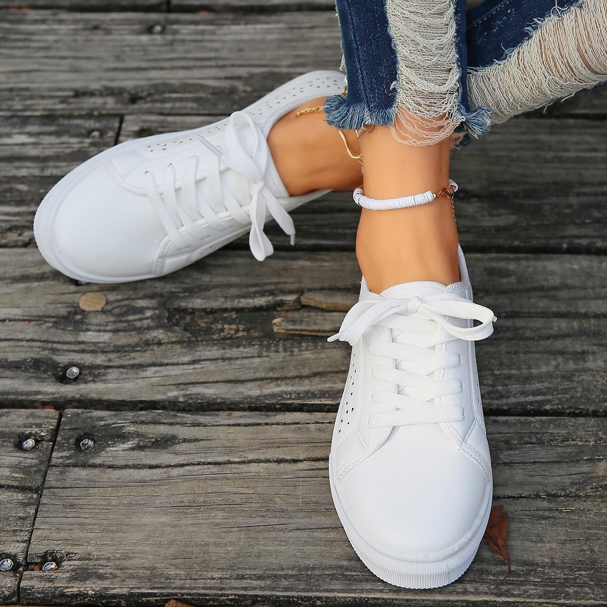 

Single shoes women s hollow round head thick sole casual breathable lace-up white shoes 36 білий