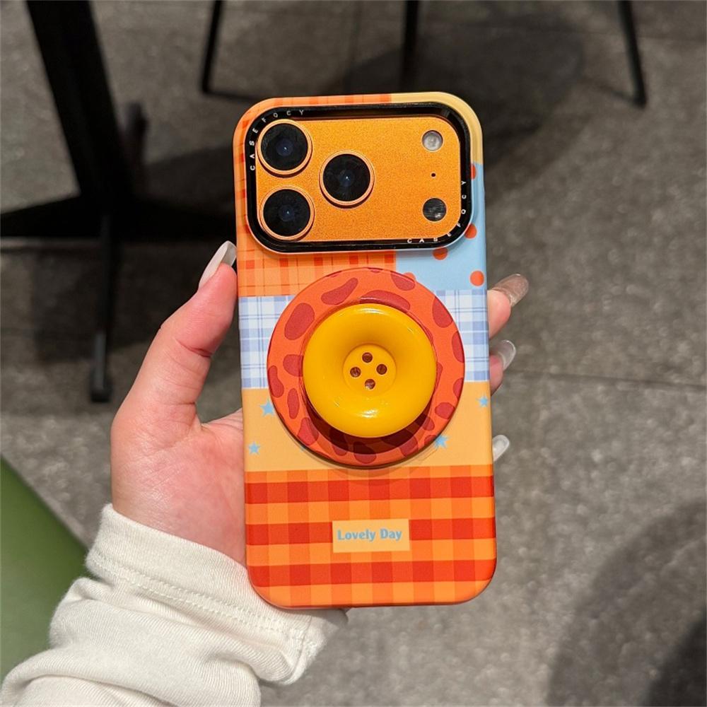 Korean Plaid Pattern Stripes Magnetic Phone Case For iPhone 17 Pro 16 15 14 Pro Max Cover with Cute Button Stand Hard Cases Fund