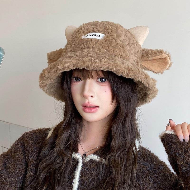 Fisherman Hat Women's Autumn and Winter Korean Version Versatile Face Showing Small Bucket Hat Lamb Plush Basin Hat Japanese Cute Warm Hat