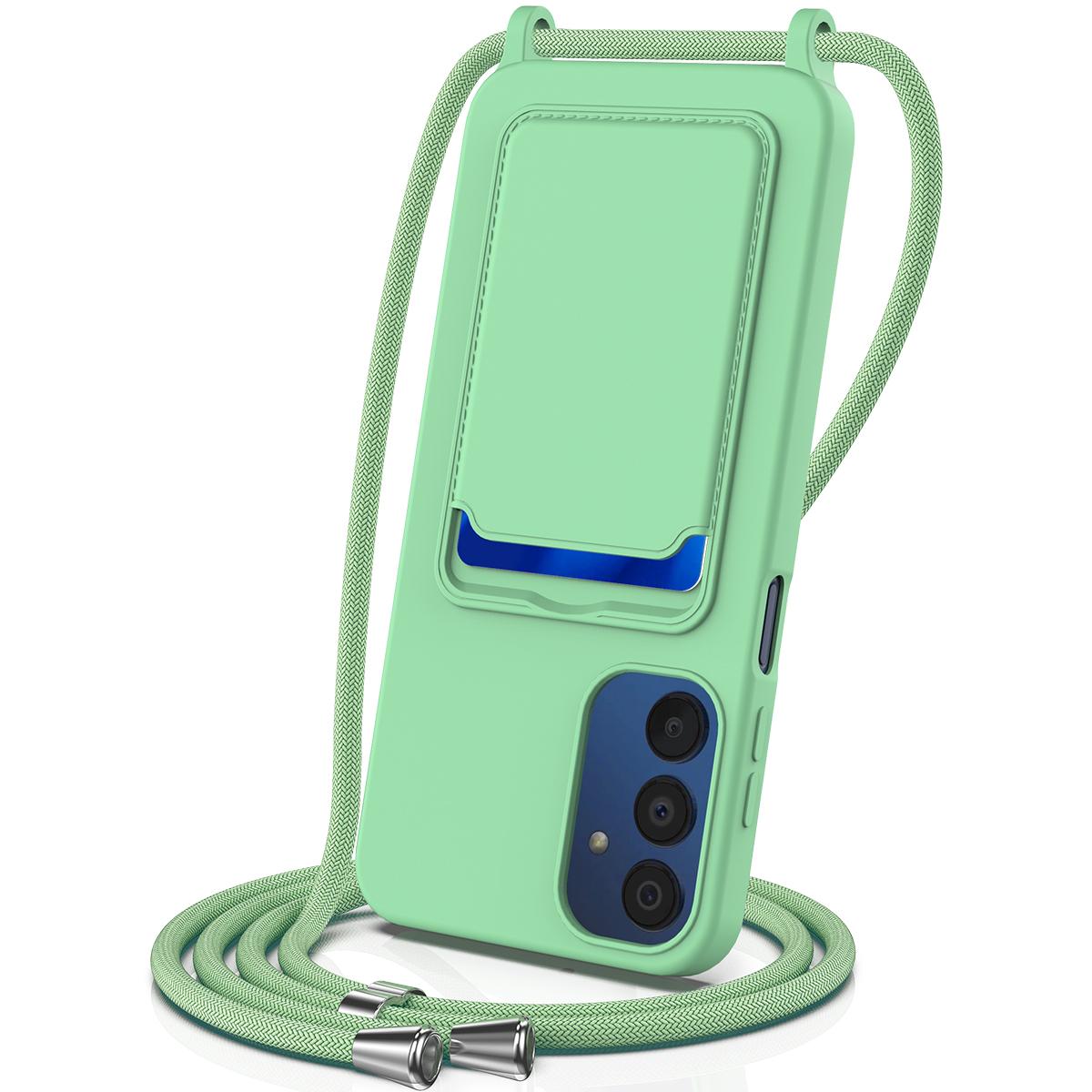 

For Samsung Galaxy A15 4G/A15 5G Case Liquid Silicone Shockproof Phone Cover with Lanyard and Card Slot Green