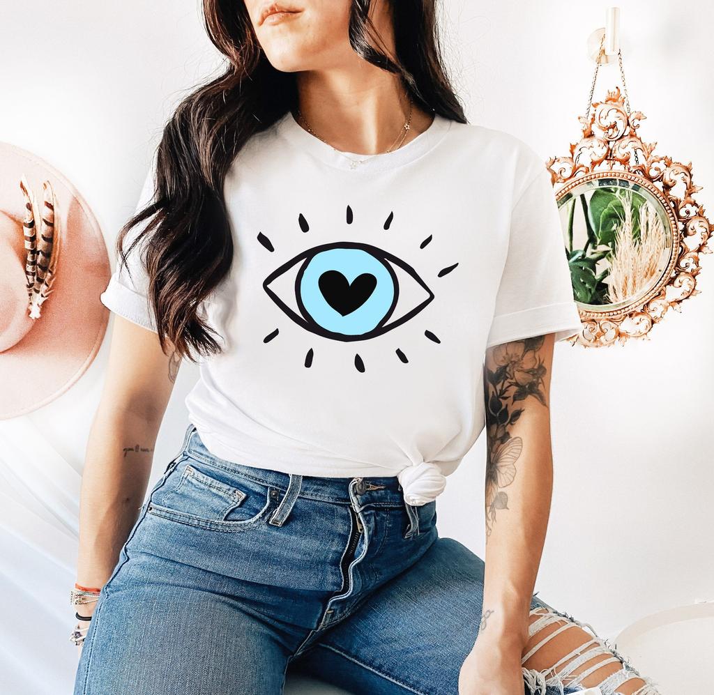 Devil's Eye Printed Tee Shirts 100% Cotton Womens Crop T-shirts O-Neck Short Sleeves Casual Loose Clothes Fashion Female Tops