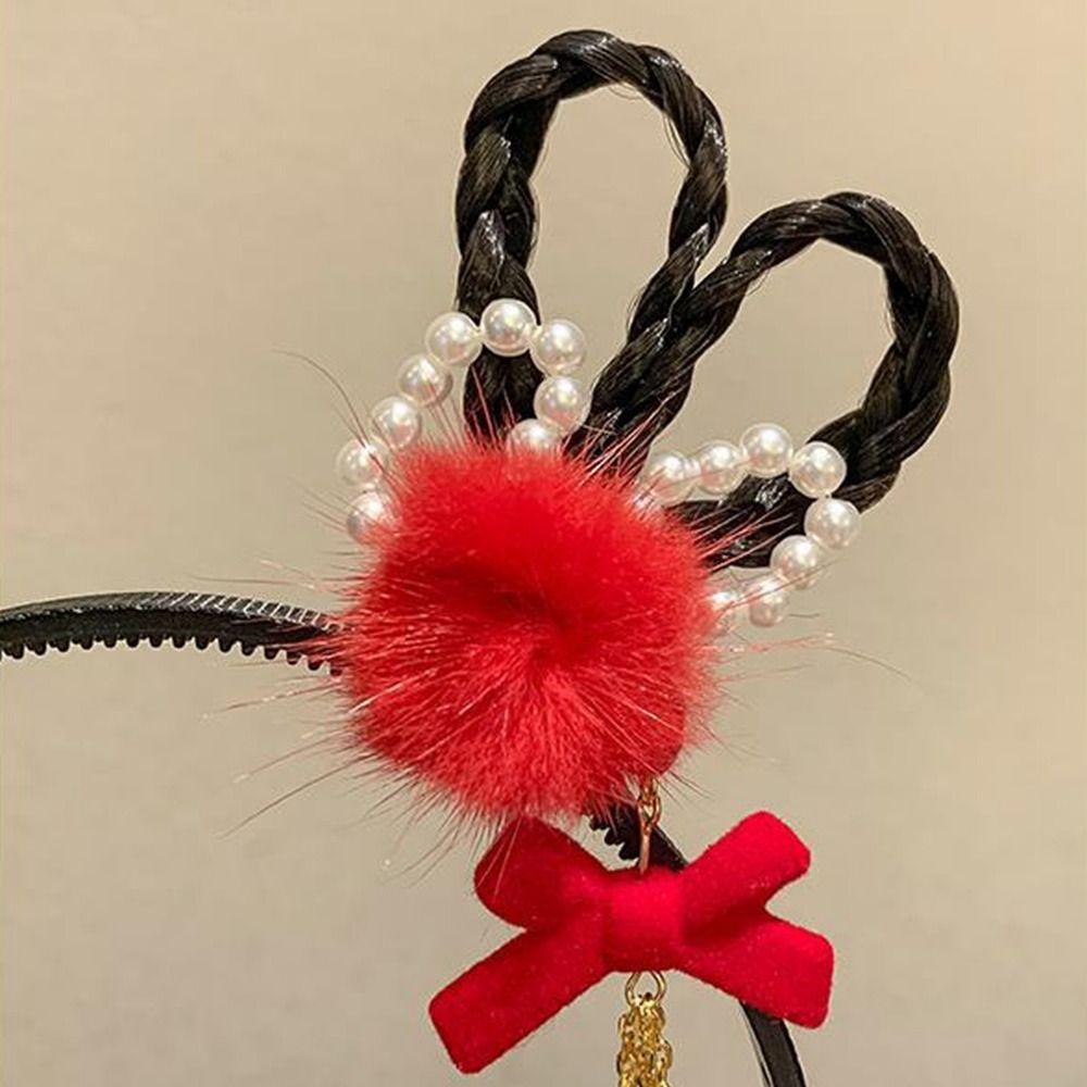Tassel Children Wig Headband Braid Hair Red Bow Hairband Lovely Hanfu Hair Sticks  Baby