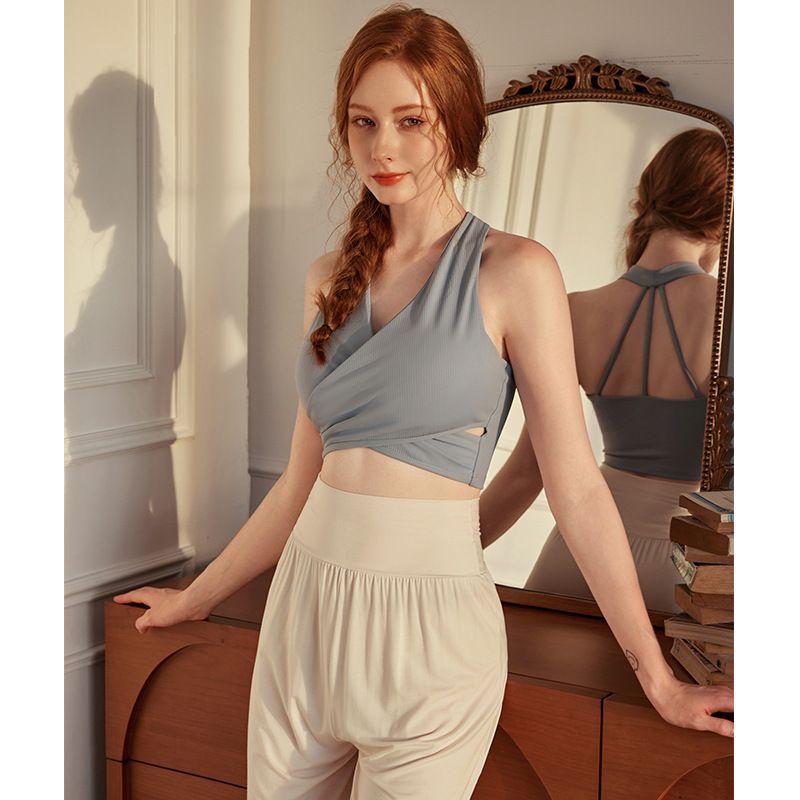 

Sports Vest Women s Chest Pad Workout Underwear Cross Strap Yoga Clothes Beauty Back Sleeveless Tops Training Quick-Drying Elastic L(62.50 kg-72.50 kg) Gray Blue(With chest pad)