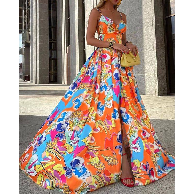Women Printed Suspension Dress 2022 Orange Print Sleeveless Split Dress