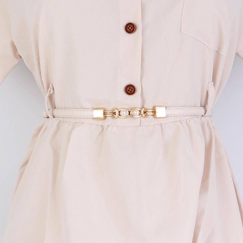 Women's Leather Decorative Buckle Pull-Through Waistband Belt for Skirts and Suits - Punch-Free Design.