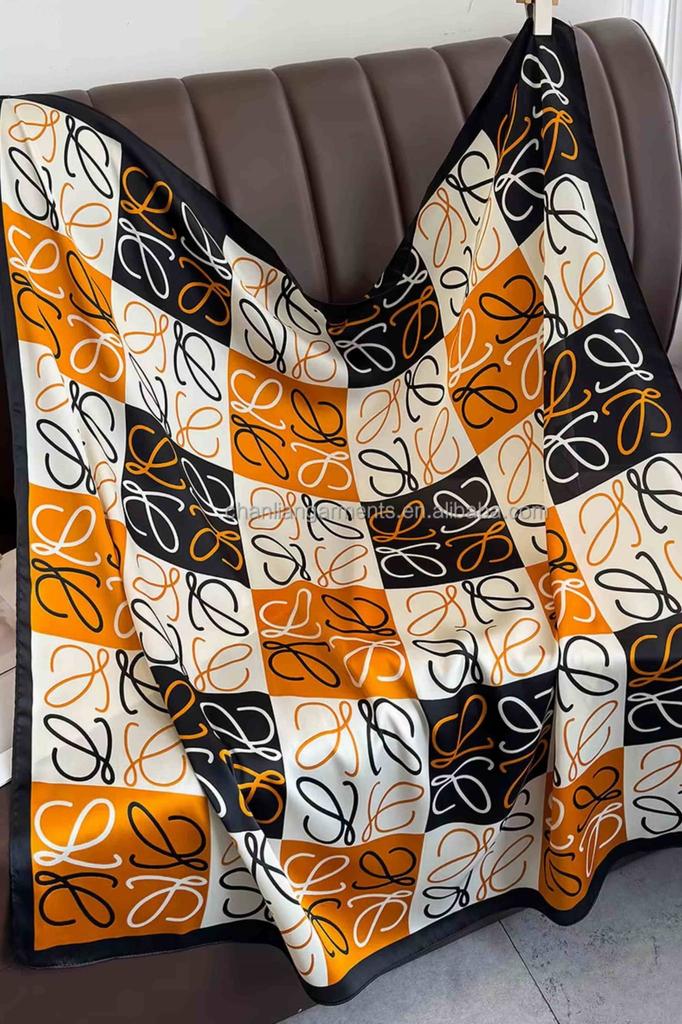 Women' Scarf 90X90 with Letter Pattern - Amber and Black Check with Monogram