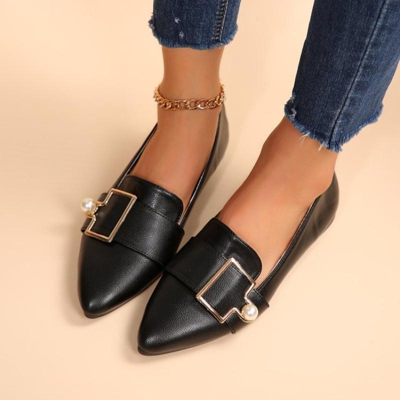 

Модная женская обувь на плоской подошве Chaussures De Femme Однотонная Базовый Простой Стиль Широкий Квадратный Носок Удобные Лоферы с Жемчугом 36 чёрный