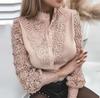 Women's Stand Collar Long Sleeve Hollow Lace Patch Blouse Elegant Pearl Button Solid Shirt