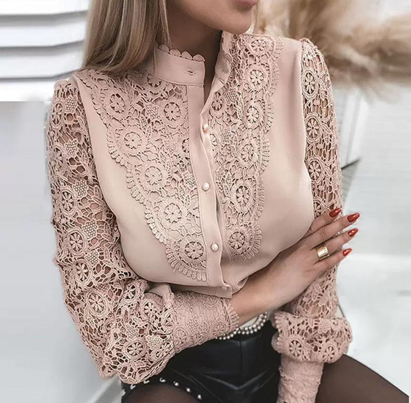 Women's Stand Collar Long Sleeve Hollow Lace Patch Blouse Elegant Pearl Button Solid Shirt