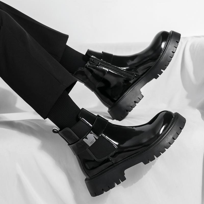 Fashion High Quality Men's Patent Leather Shiny Surface Comfortable Thick Soled High Top Boots Fashion Brand Men Anti Slip Chelsea Boots