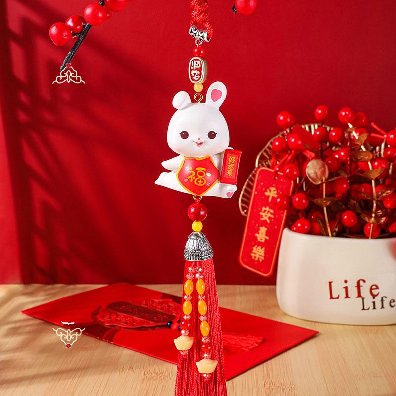 2024 New Year Rabbit Car Pendant Car Mirror Cute Rabbit Decoration Ornament Hanging Valentine's Day Gift Automotive Interior