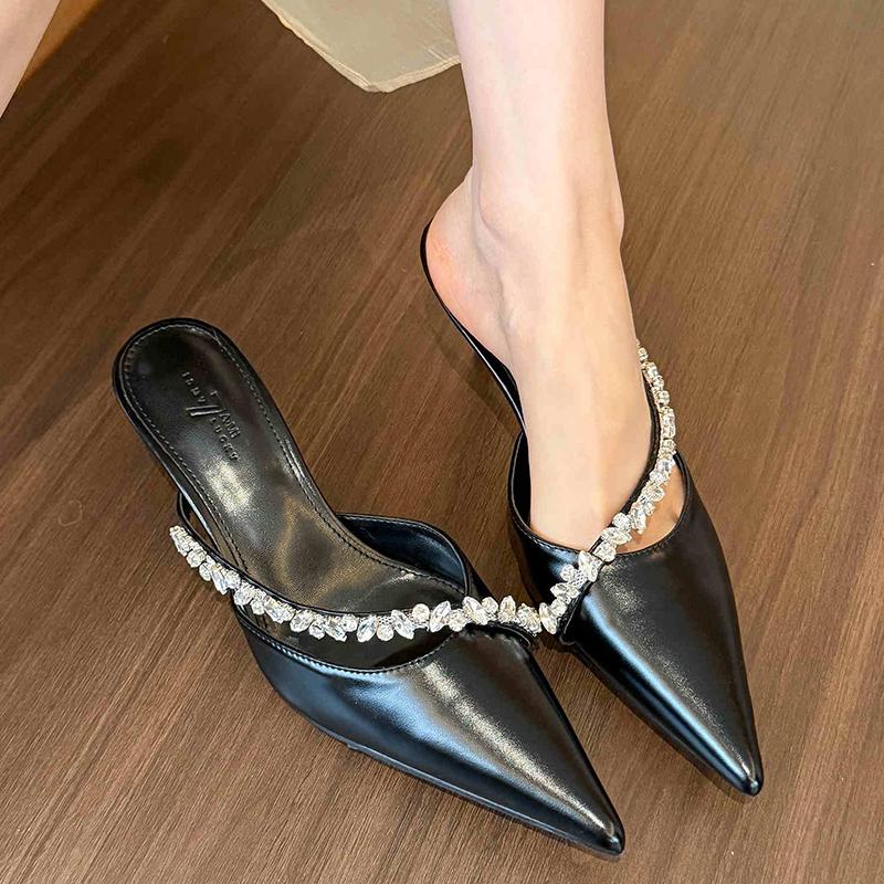 Summer Women's Fashion Crystal Mules Slippers Elegant Cover Toe Dress Slides Ladies Dancing Party High Heel Shoes