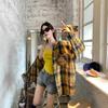Women's Point Collar Long Sleeve Shirt Loose Fit Vintage Plaid Casual Button Down Blouse