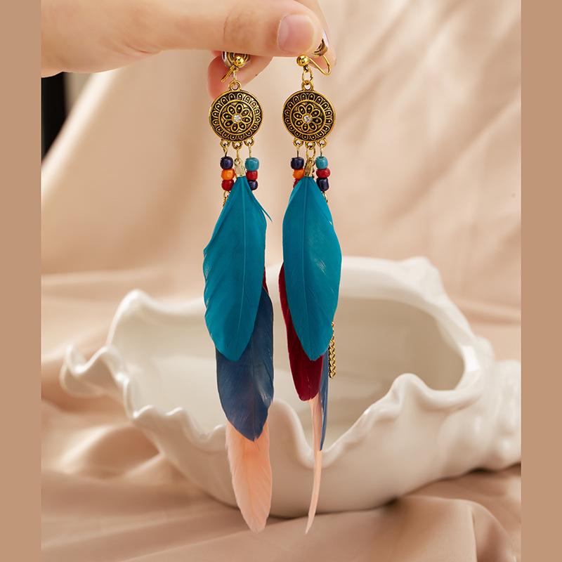 Ethnic Feather Earrings: Retro, Face-Slimming, Clip-On, No Piercing Needed.